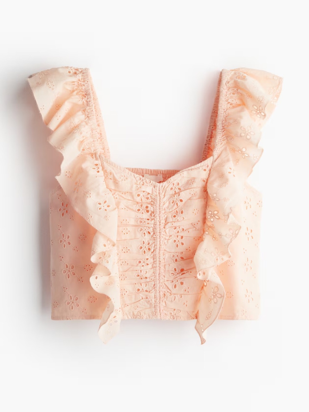 H&M Peach Ruffle Sleeve Eyelet Embroidery Tank Top Stretch Shirt Blouse Summer M - Picture 3 of 12